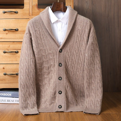Men's Cable Knit Shawl Collar Cardigan with Walnut Buttons