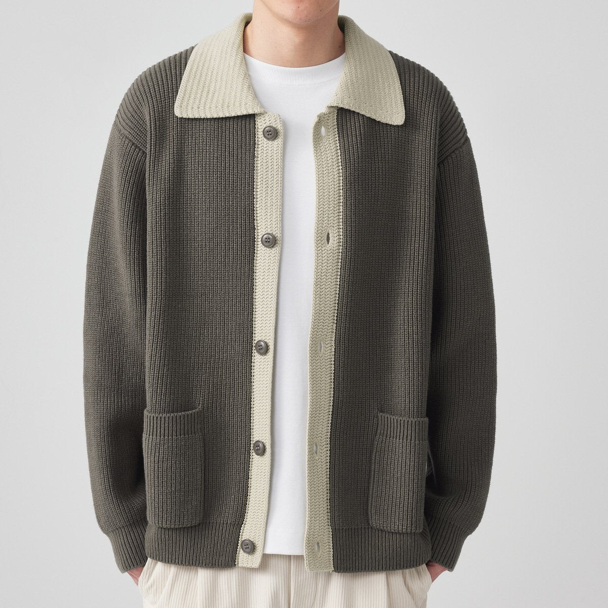 Men's Ribbed Cotton Cardigan with Contrast Collar