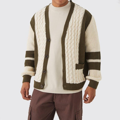 Men's Cable Knit Cotton Cardigan with Contrast Trim