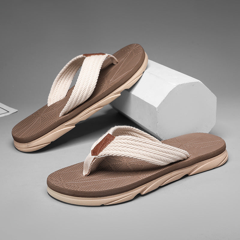 Men's Summer Leather Sandals with Hemp-Stitched Straps and Cushioned Sole