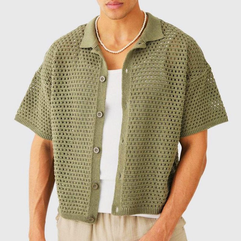 Men's Knitted Shirt Open-Weave Fabric Lay-Down Collar