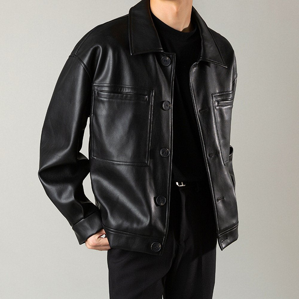 Men's Button-Down Leather Jacket with Chest Pockets and Relaxed Fit