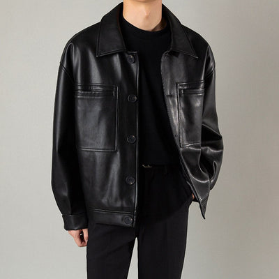 Men's Button-Down Leather Jacket with Chest Pockets and Relaxed Fit