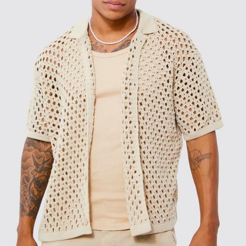 Men's Knitted Shirt Open-Weave Fabric Lay-Down Collar