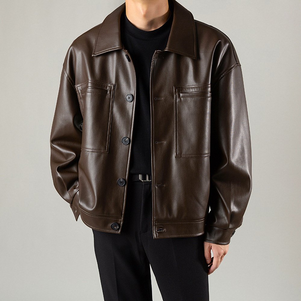 Men's Button-Down Leather Jacket with Chest Pockets and Relaxed Fit