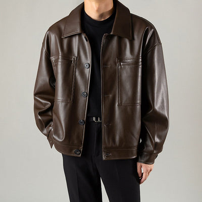 Men's Button-Down Leather Jacket with Chest Pockets and Relaxed Fit