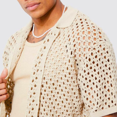 Men's Knitted Shirt Open-Weave Fabric Lay-Down Collar