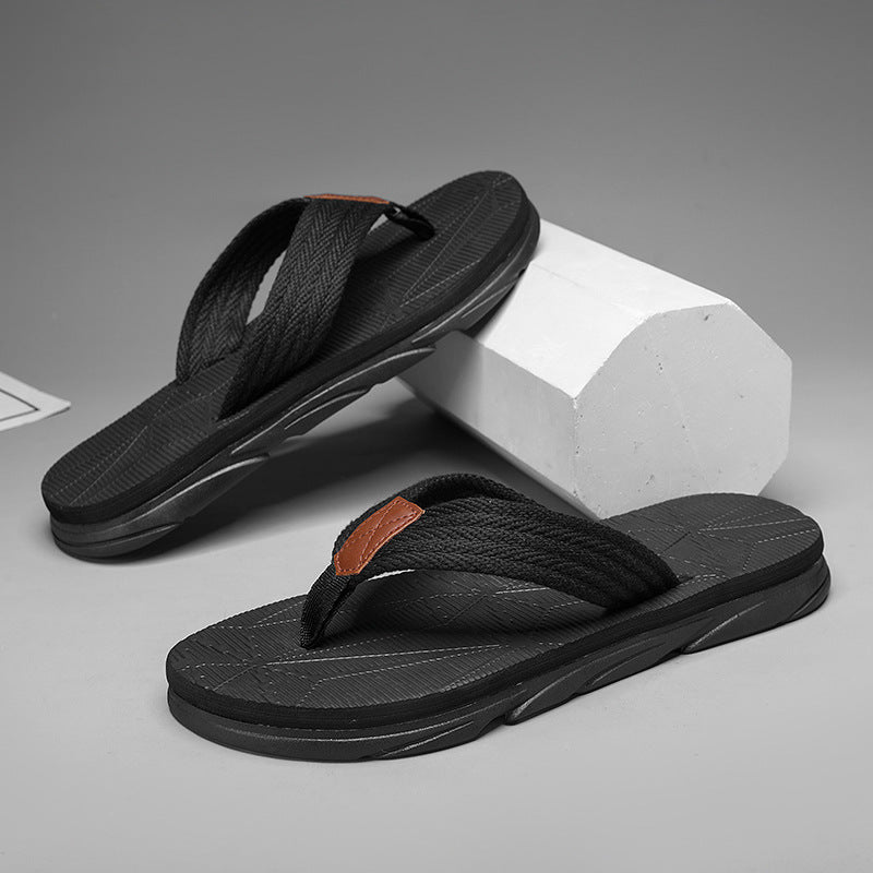 Men's Summer Leather Sandals with Hemp-Stitched Straps and Cushioned Sole