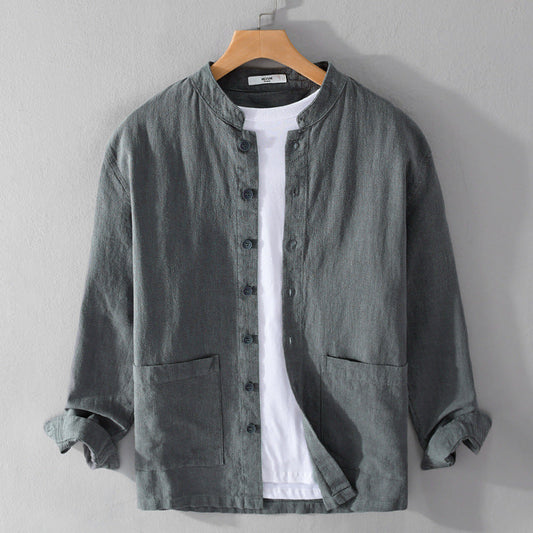 Men's Linen Shirt Button-Up Collarless Lightweight