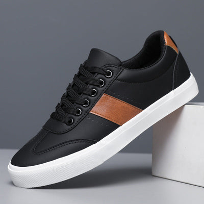 Men Leather Low-Top Sneakers with Brown Stripe and Cushioned Sole