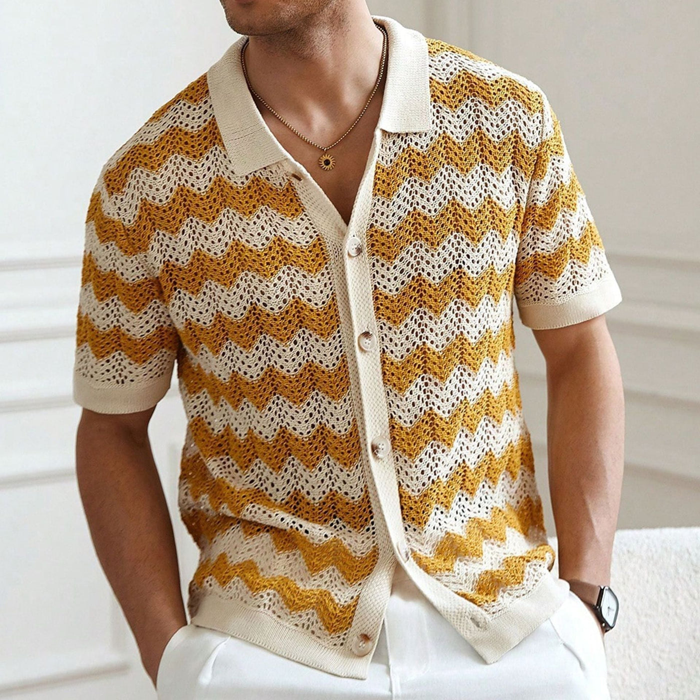 Men's Knit Cotton Blend Chevron Pattern Shirt