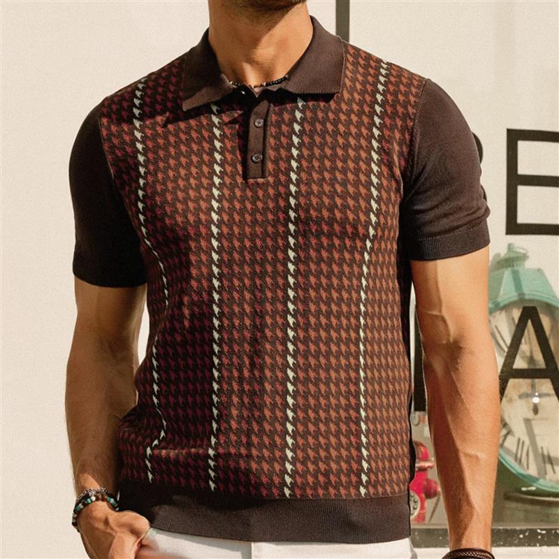 Men’s Polo Shirt Tailored Fit With Houndstooth Pattern Lightweight Knit