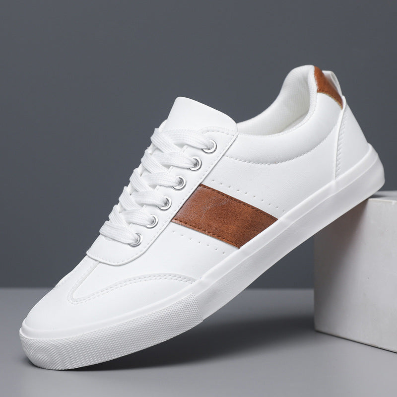 Men Leather Low-Top Sneakers with Brown Stripe and Cushioned Sole