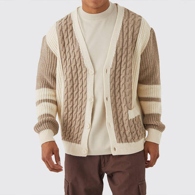 Men's Cable Knit Cotton Cardigan with Contrast Trim