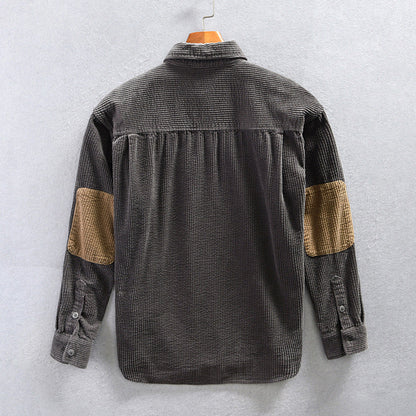 Men's Corduroy Shirt with Chest Pockets and Roll-Up Sleeves
