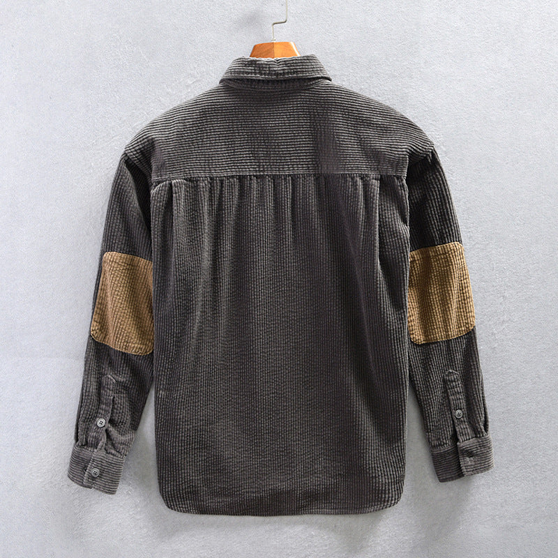 Men's Corduroy Shirt with Chest Pockets and Roll-Up Sleeves