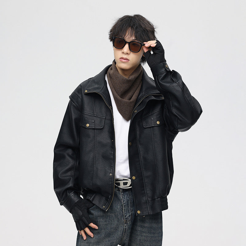 Men's Leather Bomber Jacket with Oversized Fit and Chest Pockets