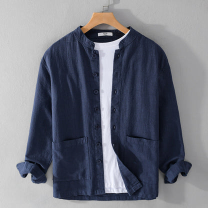 Men's Linen Shirt Button-Up Collarless Lightweight