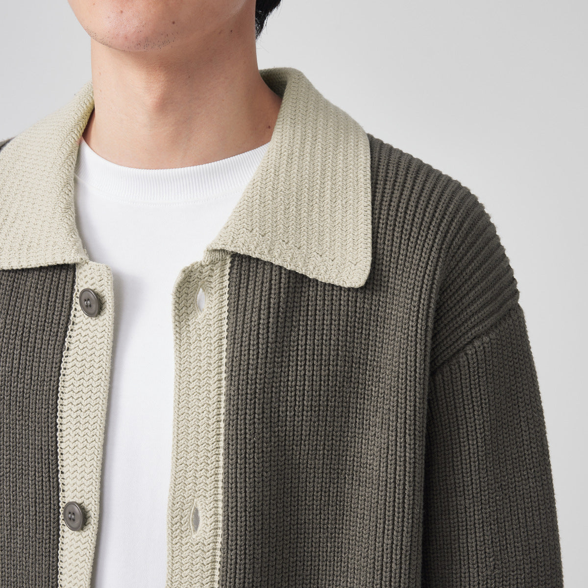Men's Ribbed Cotton Cardigan with Contrast Collar
