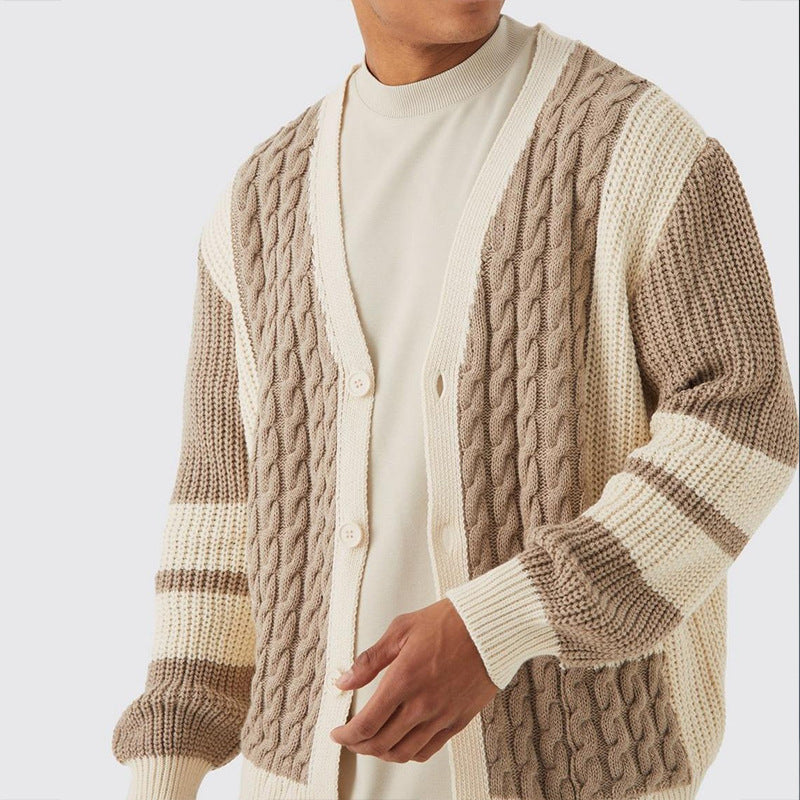 Men's Cable Knit Cotton Cardigan with Contrast Trim