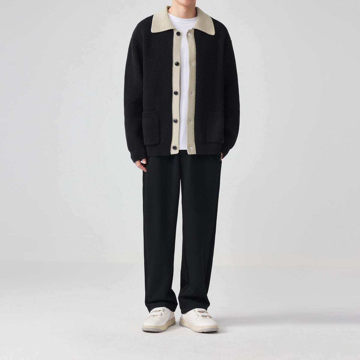 Men's Ribbed Cotton Cardigan with Contrast Collar