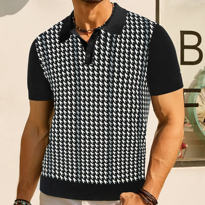 Men’s Polo Shirt Tailored Fit With Houndstooth Pattern Lightweight Knit