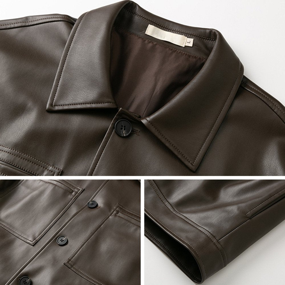 Men's Button-Down Leather Jacket with Chest Pockets and Relaxed Fit