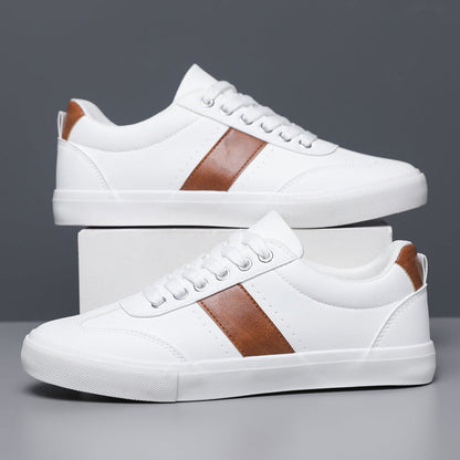 Men Leather Low-Top Sneakers with Brown Stripe and Cushioned Sole
