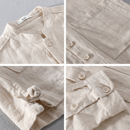 Men's Linen Shirt Button-Up Collarless Lightweight