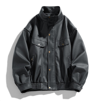 Men's Leather Bomber Jacket with Oversized Fit and Chest Pockets