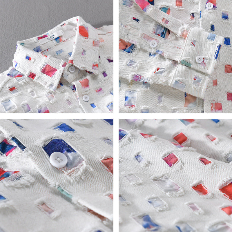 Men's Frayed Patchwork Shirt with Tailored Fit
