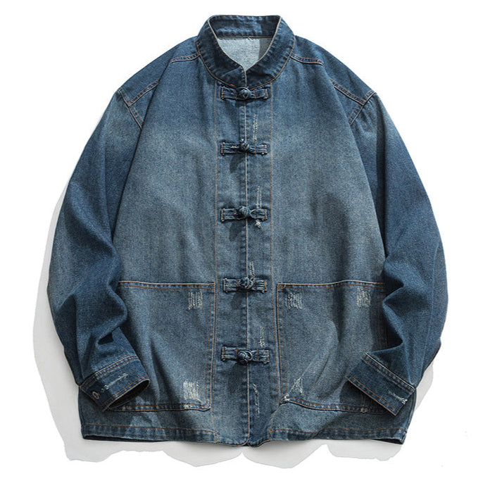 Men Denim Jacket with Toggle Buttons and Vintage Wash