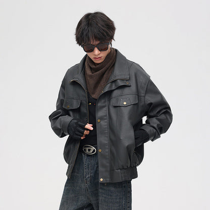 Men's Leather Bomber Jacket with Oversized Fit and Chest Pockets