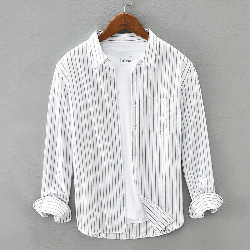 Men's Striped Woven Shirt with Laydown Collar and Button Closure