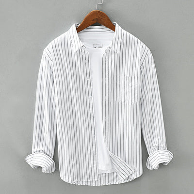 Men's Striped Woven Shirt with Laydown Collar and Button Closure