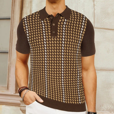Men’s Polo Shirt Tailored Fit With Houndstooth Pattern Lightweight Knit