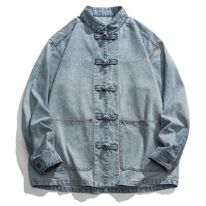 Men Denim Jacket with Toggle Buttons and Vintage Wash
