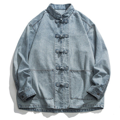Men Denim Jacket with Toggle Buttons and Vintage Wash