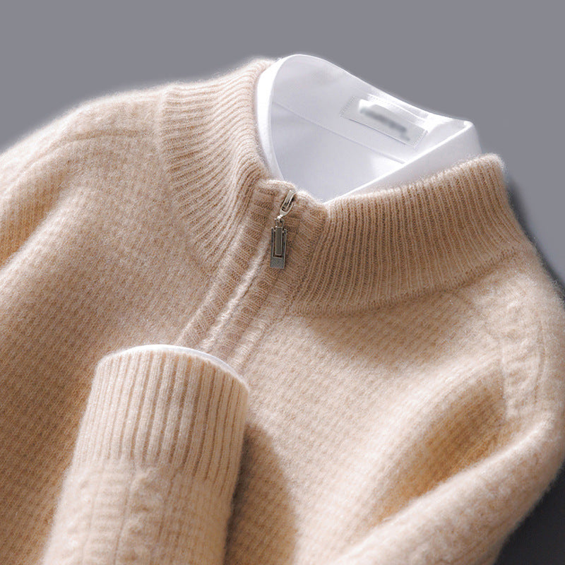 Men's Zip-Front Cashmere Blend Sweater with Stippled Knit Pattern