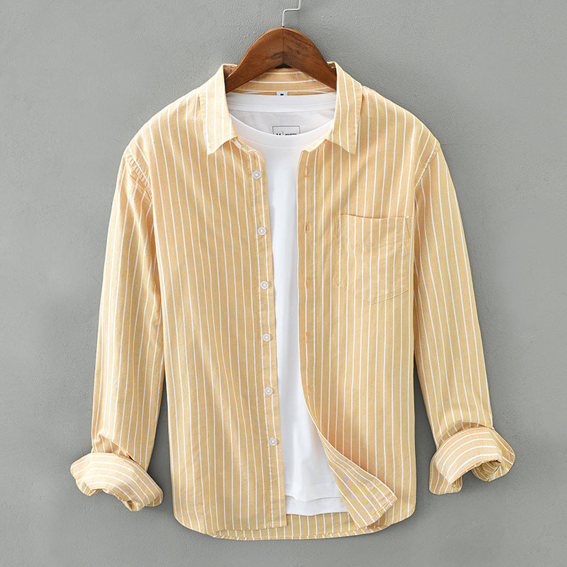 Men's Striped Woven Shirt with Laydown Collar and Button Closure