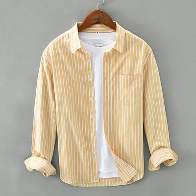 Men's Striped Woven Shirt with Laydown Collar and Button Closure