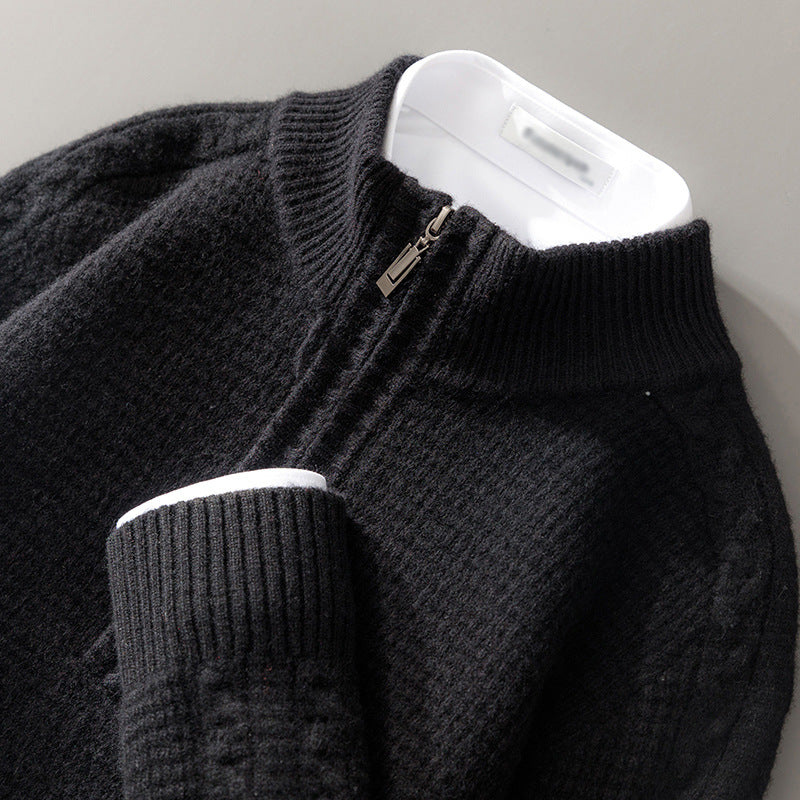 Men's Zip-Front Cashmere Blend Sweater with Stippled Knit Pattern