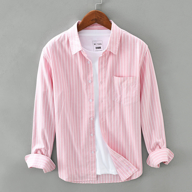 Men's Striped Woven Shirt with Laydown Collar and Button Closure