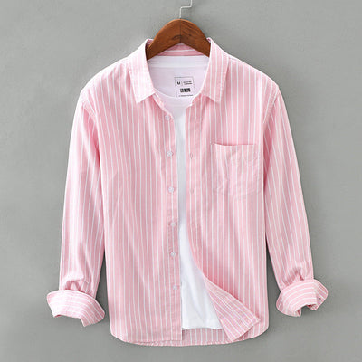 Men's Striped Woven Shirt with Laydown Collar and Button Closure