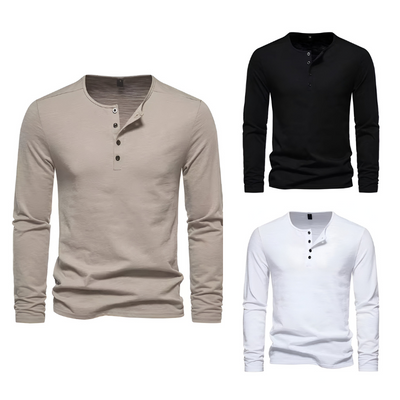 Men’s Long Sleeve Henley Shirt Three-Button Fitted Design