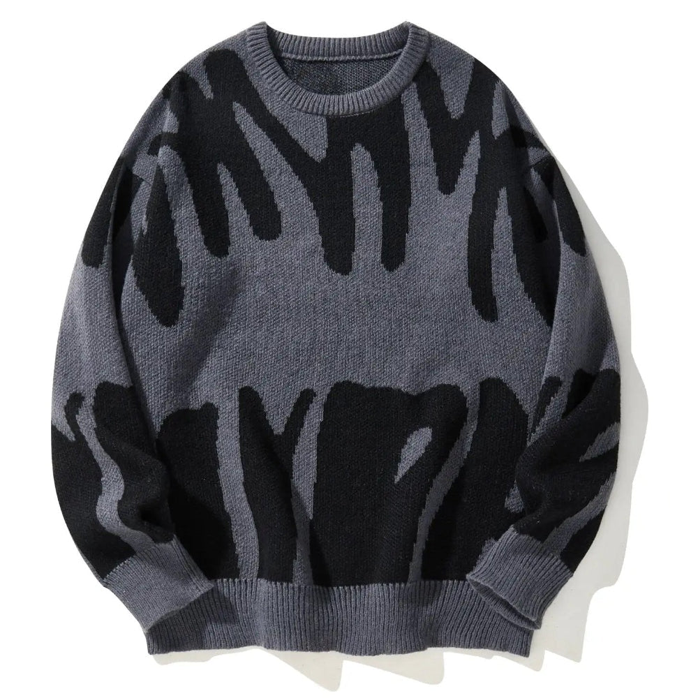 Men's Knitted Sweater with Abstract Pattern and Ribbed Trim