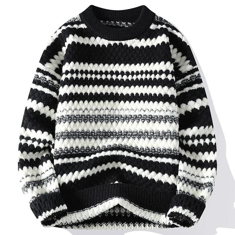 Men's Knitted Sweater with Italian Textured Pattern and Double-Stitch Detail