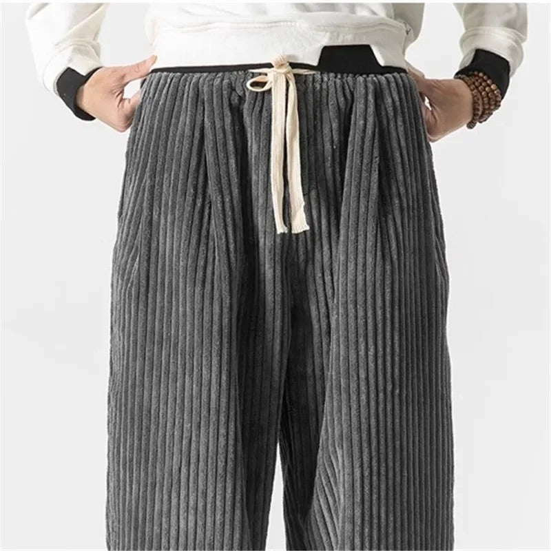 Men Corduroy Pants with Wide-Wale Texture and Adjustable Waist