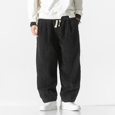 Men Corduroy Pants with Wide-Wale Texture and Adjustable Waist