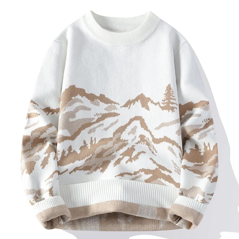 Men Knitted Sweater with Abstract Mountain Landscape Print